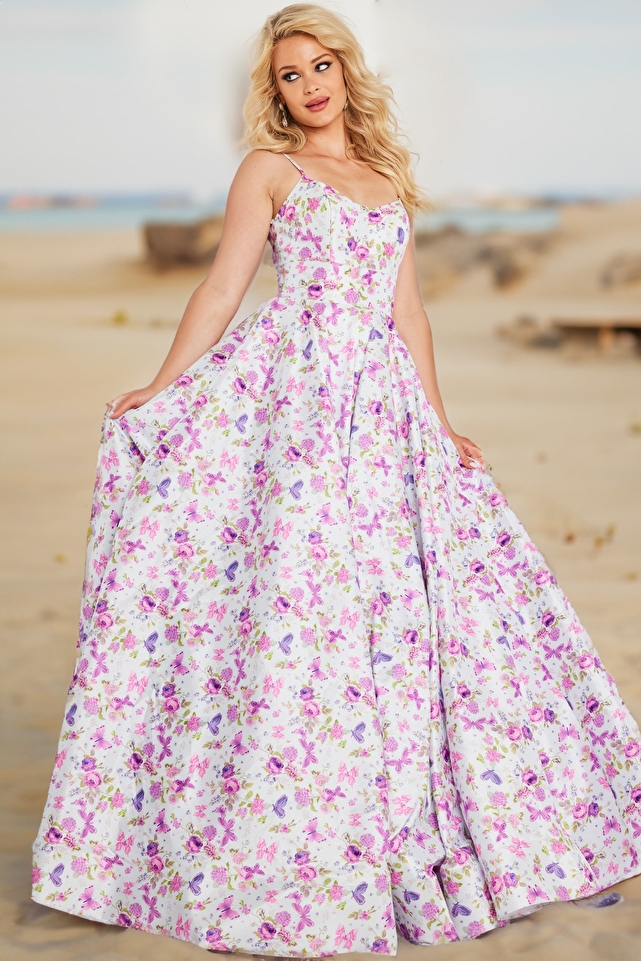 Strapless Floral Pleated Skirt Prom Ballgown JVN38218